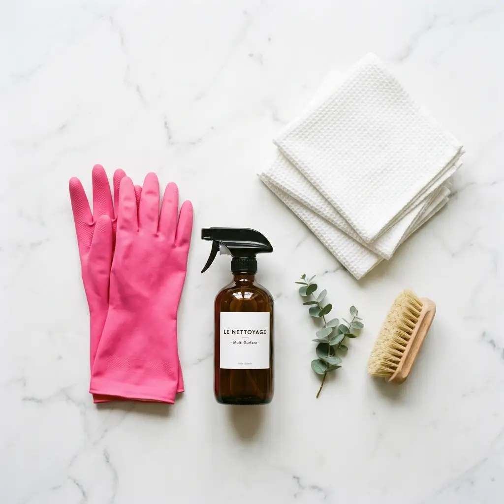 Pink cleaning gloves, spray bottle and fresh cloths on marble